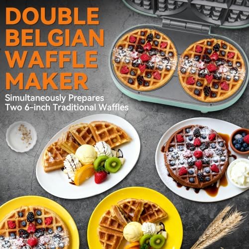 Baker’s Friend Double Belgian Waffle Maker Thick, 2 X 6” Round Waffle Maker, Belgium Waffle Iron, Waflera Electrica with Non-stick Plates, 1200W, Perfect for Kids & Family Breakfast, Aqua - Image 2