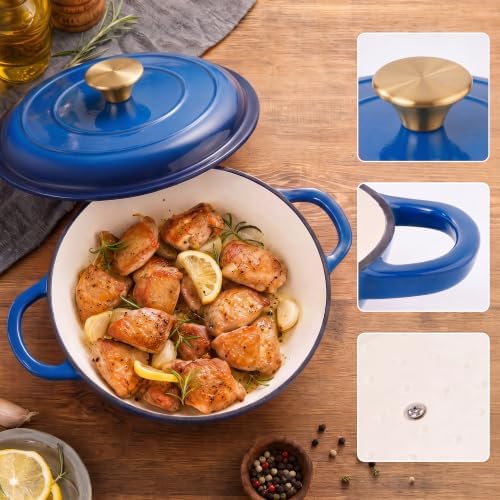 Dutch Oven Enameled Cast Iron with Lid - Big Dual Handles - Oven Safe up to 500°F - Classic Round Pot for Versatile Cooking 3 QT Shallow Pot Blue - Image 3