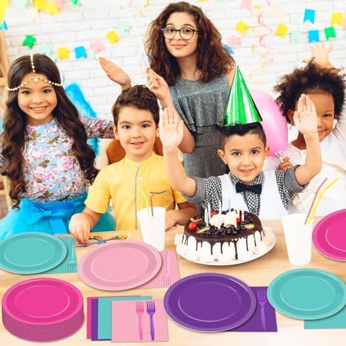 96 PCS Teal Blue Pink Purple Paper Plates and Napkins Birthday Party Supplies Lets Pawty Puppy Tableware Set Colorful Puppy Themed Party Favors Baby Shower - Image 6