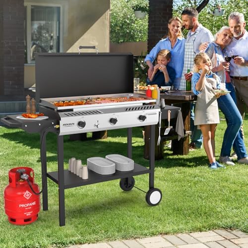ROVSUN 3 Burner Outdoor Propane Gas Stove with Griddle, Ignition & Side Shelves, 225,000 BTU Powerful Gas Stove Outdoor Cooker for Backyard Patio Cooking Home Camping Grilling Canning Turkey Frying - Image 7