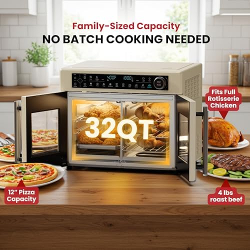 Magic Mill Ultra-Premium Dual-Zone Stainless Steel Air Fryer Toaster Oven Combo, Extra Large 32QT French Door Convection Oven with Next-Gen Patent Technology, 13 Accessories, Rotisserie, Sync Finish - Image 4