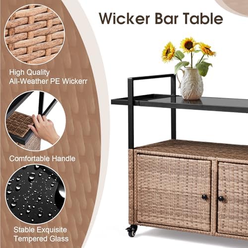 VINGLI Wicker Outdoor Bar Cart with Storage and Wheels, Outdoor Bar Table Serving Cart Rattan Bar Cart with Glass Top and Shelf for Pool, Party, Backyard, Porch (Brown) - Image 6