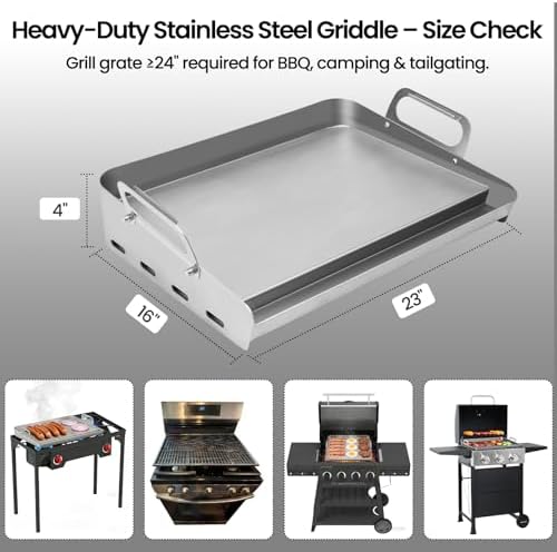 23x16 Inch Griddle for Gas Grill Reinforced Bottom Anti Warp Detachable Handle Grease Groove Stainless Steel Flat Top for Pellet Grill and Stove Outdoor Indoor Cooking - Image 3