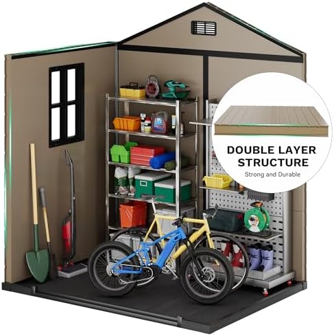 DWVO Outdoor Storage Shed, All-Weather Resin Plastic Storage Shed with Windows, Slanted Roof, Raised Floor, Capacity for Garden Tools/Equipment, Ideal for Backyard Garden - Image 7
