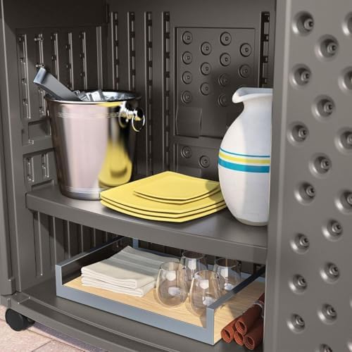 Suncast Patio Plastic Storage and Prep Station with Decorative Wicker Pattern and Multi Wall Panels for Patio, Garden, and Lawn Use, Stoney Gray - Image 6