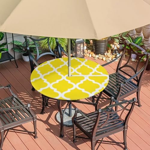 Fitted Round Tablecloth with Umbrella Hole and Zipper Yellow Moroccan Outdoor Elastic Table Cloth 45"-56" Oil-Proof Waterproof Morocco Geometric Patio Table Cover for Dining Picnic Party - Image 7