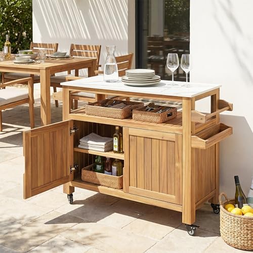 Christopher Knight Home Shina Outdoor Bar Cart with Marble-Effect Top and Lockable Wheels, Acacia Wood Outdoor Storage Cabinet with Three-Tier Slatted Shelves, Kitchen Island Serving Cart, Natural by ChristopherKnightHome
