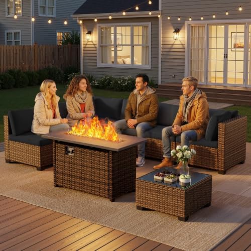 Qsun 8 Pieces Outdoor Patio Furniture Set with 44.9" Fire Pit Table, All-Weather Wicker Outdoor Patio Sectional Set with Coffee Table, for Backyard Poolside Garden Porch, Black - Image 5