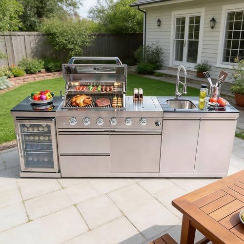 98" Rolling Outdoor Kitchen Island with Built-In 4 Burners 72,000 BTU Stainless Steel Gas Grill Featuring Rotisserie Oven,Granite Countertops,Beverage Fridge,Sink.(Silver + Fridge + Sink, Propane Gas) by INOTEVERITORY