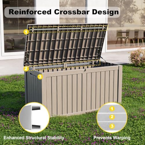PatioZen 180 Gallon Deck Box,Resin Outdoor Storage Box with Lockable for Patio Furniture, Pool Accessories, Garden Tools Waterproof Outside Storage Box (Grey) - Image 6