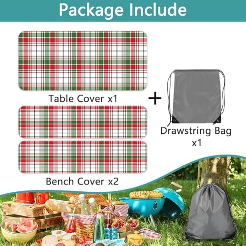 Red Green White Plaid Picnic Table Cover with Bench Covers and Bag, Camping Essentials, Water Resistant Windproof, Fitted Tablecloth Cover with Elastic Edge, for Indoor & Outdoor 3 PCS, 30x72 Inch - Image 3