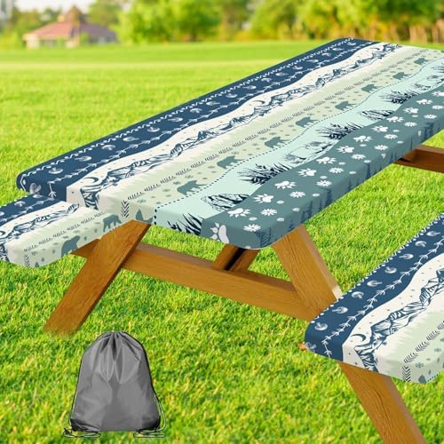 Picnic Table Cover with Bench Covers and Bag, Camping Essentials, Bohemian Waterproof Windproof Camping Tablecloth, Fitted Tablecloth Cover with Elastic Edge, for Garden & Outdoor, 3 PCS, 30x60 Inch by Xguatan