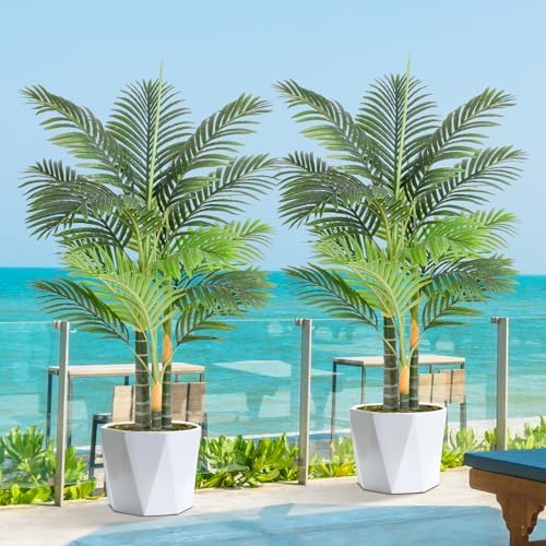 4ft Tall Triple Golden Cane Palm Artificial Tree 48" Large Tropical Palm Tree UV Resistant Fake Tree in Pot for Indoor Outdoor Big House Living Room Outside Patio Office Home Decor 2Pack by Keeplush