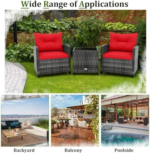 RELAX4LIFE Wicker Patio Furniture Sets - 3 Pieces Rattan Sofa Set, Outdoor Conversation Set with Tempered Glass Tabletop, Heavy-Duty Steel Frame, Wicker Chair Set for Poolside, Backyard (Grey-Red) - Image 7