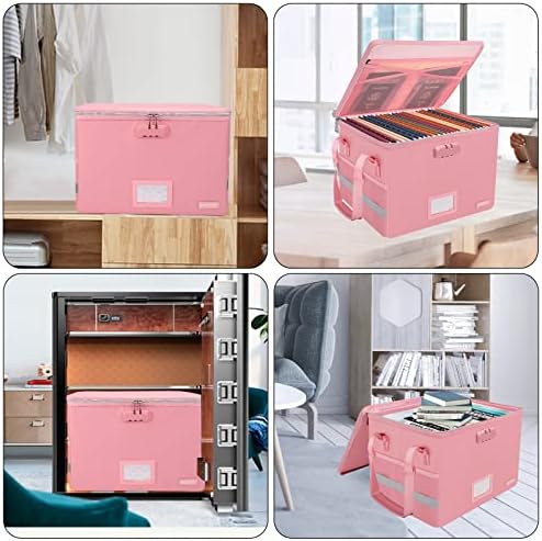 ENGPOW File Box with Lock, Fireproof Document Box with Zipper＆Pockets, Collapsible File Organizer Filing Storage Cabinet with Handle, Portable Home Office Safe for Hanging Letter/Legal Folder, Pink - Image 2