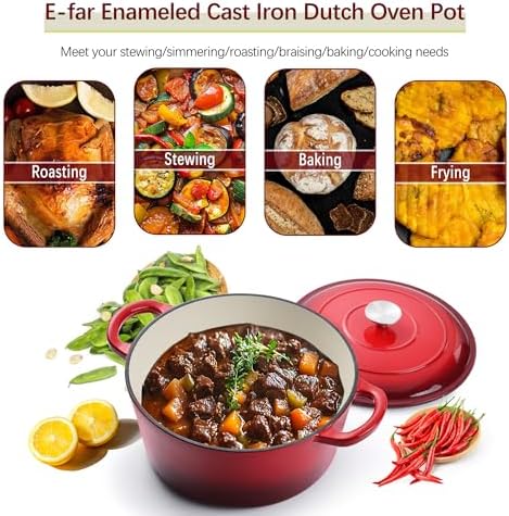 E-far 7QT Enameled Dutch Oven, Cast Iron Dutch Oven Pot with Lid for Cooking/Bread Baking/Braising/Roasting/Stewing, Heavy Duty Round Nonstick Cookware Safe for Induction & Oven - Red - Image 3