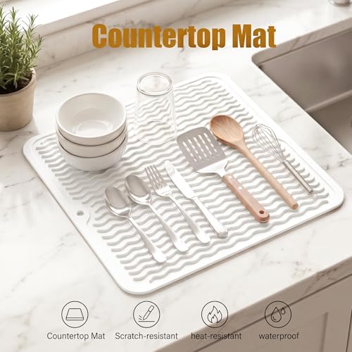 MicoYang Silicone Dish Drying Mat for Multiple Usage,Easy clean,Eco-friendly,Heat-resistant Silicone Mat for Kitchen Counter or Sink,Refrigerator or Drawer liner White M 12 inches x 12 inches - Image 3