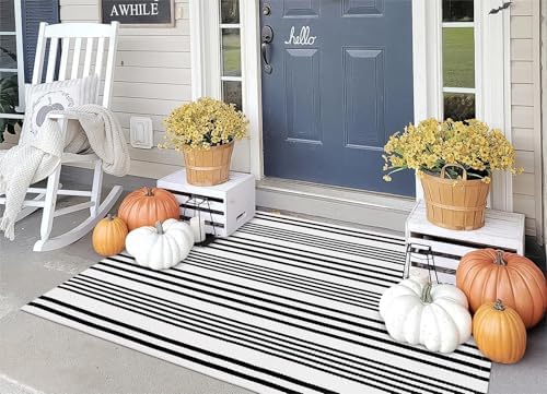OJIA Black and White Outdoor Rug 3' x 5', Machine Washable Front Door Mats Outdoor, Cotton Hand-Woven Striped Porch Rug Entryway Rug Indoor/Outdoor Area Rug Floor Mat for Farmhouse/Living Room by OJIA