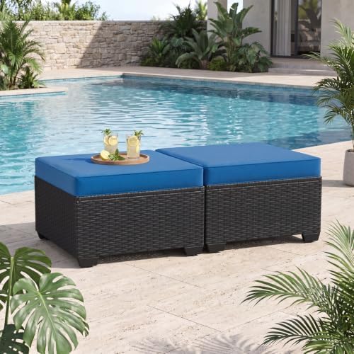 Aoxun 2 Piece Patio Sofa Ottomans with 4" Thick Cushions, Wicker Outdoor Couch Extension Set, All-Weather Rattan Seating Accessory for Backyard Furniture, Peacock Blue by Aoxun