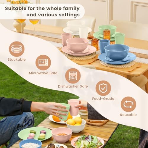 Homienly Premium Dinnerwave Sets, Lightweight & Unbreakable Wheat Straw Dish Set - Plates and Bowls Set with Cups, 16 PCS Microwave and Dishwasher Safe Dinnerware Set - Multi Light - Image 6