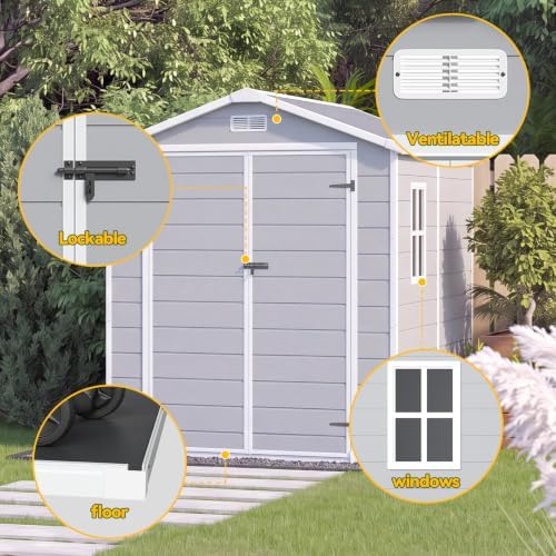 Aoxun 6x8 FT Outdoor Storage Shed, Outdoor Resin Shed with Floor, Gray - Image 6