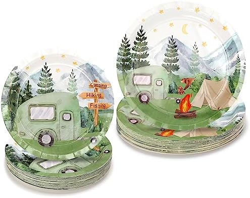 Nefelibata 50 pcs One Happy Camper Disposable Paper Plates with Sage Green Camp Van Camping Birthday Favors Bachelorette Happy Camper for Boys Girls Outdoor Party Table Food Tray by Nefelibata