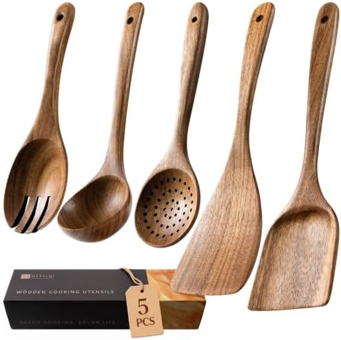 Wooden Spoons for Cooking, 5-Piece Acacia Wood Cooking Utensil Set by HEFILD