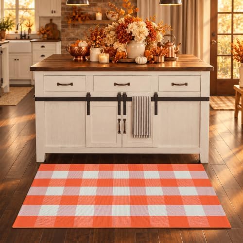 Orange and White Plaid Rug, 3' x 5' Fall Front Door Decor Mat, Cotton Washable Hand-Woven Door Mat for Layered Doormat, Autumn Halloween Thanksgiving Carpet for Porch, Entryway - Image 5