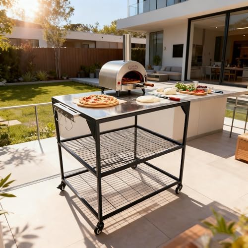 Three-Shelf Movable Stainless Steel & Steel Outdoor Dining Cart Table Pizza Oven Protable Grill and Heavy Duty Grill Cart Outdoor Table - Image 6