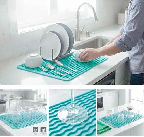 MicoYang Silicone Dish Drying Mat — Quick-Dry Ridges Counter & Sink Pad, Heat-Resistant Trivet to 450°F, Non-Slip & Dishwasher Safe, Roll-Up Storage, 18 Colors & 9 Sizes (Mint, 16"×12") - Image 4