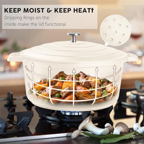 Large Dutch Oven Pot with Lid-7.5QT Cast Aluminum Oven Pot with Two Handles Lightweight for Bread Baking Braising and Roasting(Beige) - Image 5