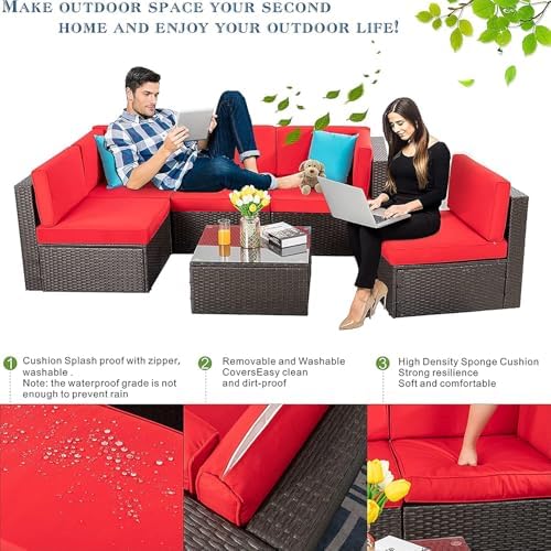 Vongrasig 7 Piece Patio Furniture Sets with 45 Inch Fire Pit Table All Weather PE Wicker Rattan Outdoor Sectional Sofa Couch Conversation Set w/Glass Table for Lawn, Garden, Backyard (Red) - Image 4