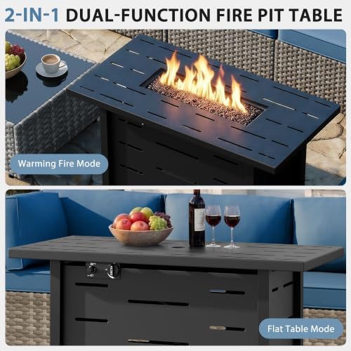 Shintenchi 8 Piece Outdoor Patio Furniture Set with 43 Inch Propane Fire Pit, Washable Cushions, Glass Coffee Table, Waterproof Cover & CSA Certified for Backyard Poolside, Natural PE Rattan/Navy Blue - Image 6