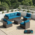 Patio Furniture Set - All-Weather - 7 Piece Patio Outdoor Conversation Set, Modular Wicker Rattan Sectional Sofa for Backyard, Garden, Poolside, Balcony, Porch, Patio, Brown/Peacock Blue by Unknown