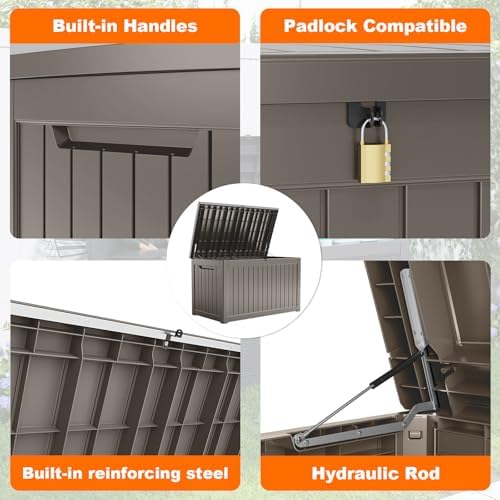 280 Gallon Outdoor Storage Box Waterproof, Resin Lockable Deck Box with Lid, Large Capacity Weatherproof Container for Patio Furniture Pool Accessories, Cushions(Grey, 280 Gallon) - Image 6