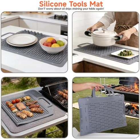 LIONROGE Large Silicone Grill Mat, Foldable Silicone Griddle Tools Spatula Mat with Drip Pad & Handle & Snap Buttons, Portable BBQ Side Shelf Mats Grill Pad for Blackstone Griddles Accessories,Gray - Image 7