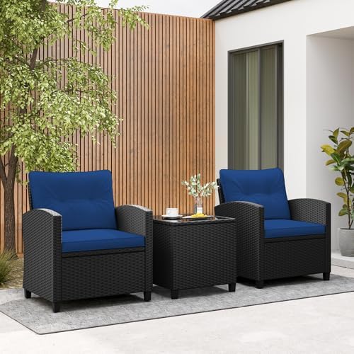 RELAX4LIFE 3-Piece Patio Furniture Set - Wicker Rattan Bistro Sofa w/Glass Top Coffee Table, Washable Cushions for Porch Balcony Backyard Poolside, Outdoor Conversation Set (Navy) - Image 2
