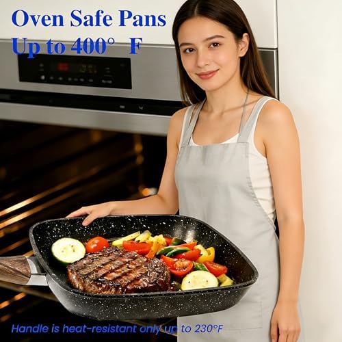 Simple Deluxe 3 Pieces Nonstick Grill Pan Set, Square Versatile Griddle Pans with Wooden Handle, Durable Skillet Indoor & Outdoor Use, All Stovetops Compatible(9.5", 10.2", 11"), PFOA Free, Black - Image 5