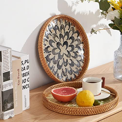 Round Rattan Tray with Mother of Pearl Inlay, Rattan Serving Tray with Wooden Base, Decorative Wicker Basket for Table Decor, Storage and Display of Coffee Bread Food Fruit (Plume) - Image 3