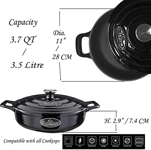 La Cuisine Enameled Cast Iron Braiser Sauté Pan Shallow Dutch Oven with Lid Internal Matt Black Enamel Coating 3.75 QT 11" / 28cm Ø, Oven-Safe 550°F/276°C, For GlassTop, Black - Image 6
