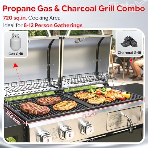 Flintex Gas and Charcoal Grill Combo with Griddle, Propane Grill Griddle Combo with Dual Fuel BBQ System, 720 sq.in. Cooking Area, Porcelain-Enameled Cast Iron Grates and Pan - Image 2