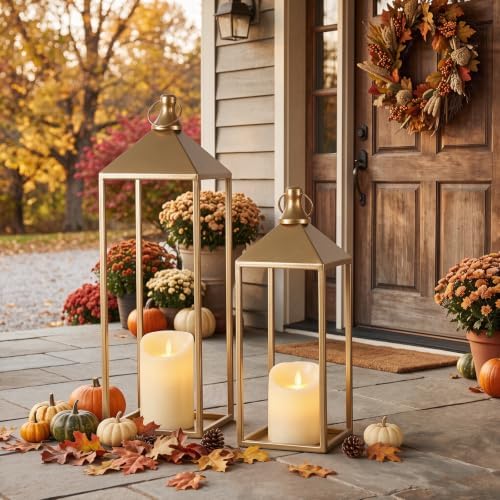 Set of 2 Decorative Lanterns with Candles, Gold Metal Lanterns Decor - Image 7