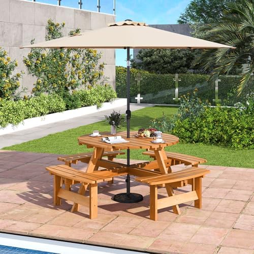 GIANTEX 8-Person Round Picnic Table Set with 4 Benches, 550 LBS Bench Capacity, 2" Umbrella Hole, Circular Outdoor Wood Dining Table & Chairs for Patio Yard Garden Porch Deck (71”x71”x28”,Yellow) - Image 3
