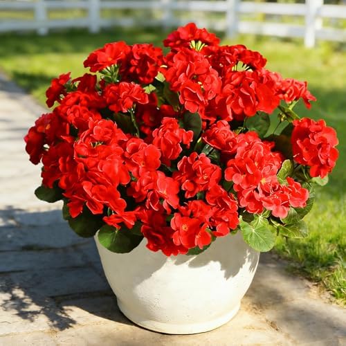 Fake Outdoor Flowers, Artificial Flowers For Outdoors, Red Artificial Geraniums Plastic Flowers, Fake Plant For Outside, Silk Faux Flowers For Outdoor Planters UV Resistant For Front Porch（4 Pcs) - Image 7