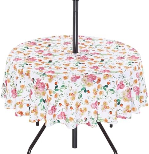 SquarePie 70 inch Round Outdoor Tablecloth with Umbrella Hole - Water Resistant SpillProof Patio Table Cover for Spring Summer Garden Camping Poolside Picnic BBQS, Rose Floral by SquarePie