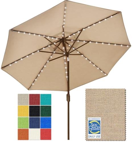 EliteShade USA 10-Year-Non-Fading 9ft Market Patio Umbrella, Commercial Grade Table Sun Umbrella with 80 Solar LED Lights, Crank Open, Windproof & UPF 50+ UV Protection for Garden, Deck, Pool, Backyard, Heather Beige by EliteShade