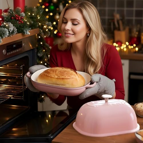 Cast Iron Bread Oven,6 QT Bread Oven,Thick Enameled Loaf Pan with Lid,Bread Pans for Homemade Bread,14.5"Dutch Oven for Bread Baking,Dutch Oven-with Silicone Baking Mat&Recipe,Gifts for Family,Pink - Image 4