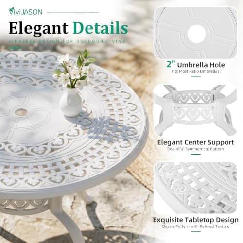 VIVIJASON 5-Piece Patio Furniture Dining Set, All-Weather Cast Aluminum Outdoor Conversation Set, Include 4 Chairs and 1 Round Table w/Umbrella Hole for Balcony, Lawn, Garden, Backyard, White - Image 2