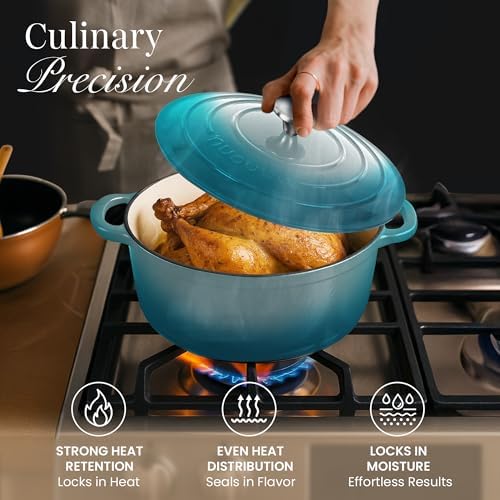 Cast Iron Dutch Oven with Lid - Non-Stick Ovenproof Enamelled Casserole Pot - Sturdy Dutch Oven Cookware - Teal, 5- Quart, 24cm- by Nuovva - Image 6