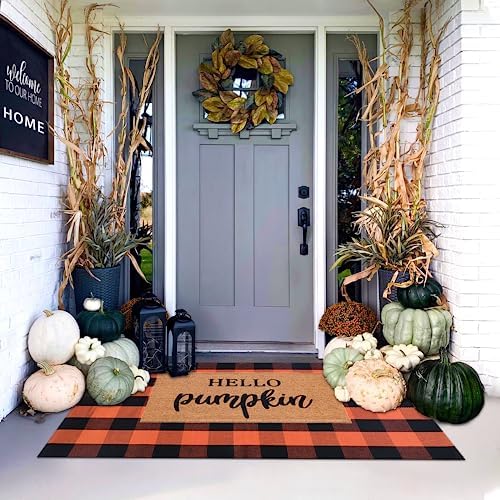 Orange and Black Plaid Rug, 3' x 5' Fall Outdoor Front Door Decor Mat, Cotton Washable Hand-Woven Rug for Layered Doormat, Autumn Halloween Thanksgiving Carpet for Porch, Entryway - Image 4